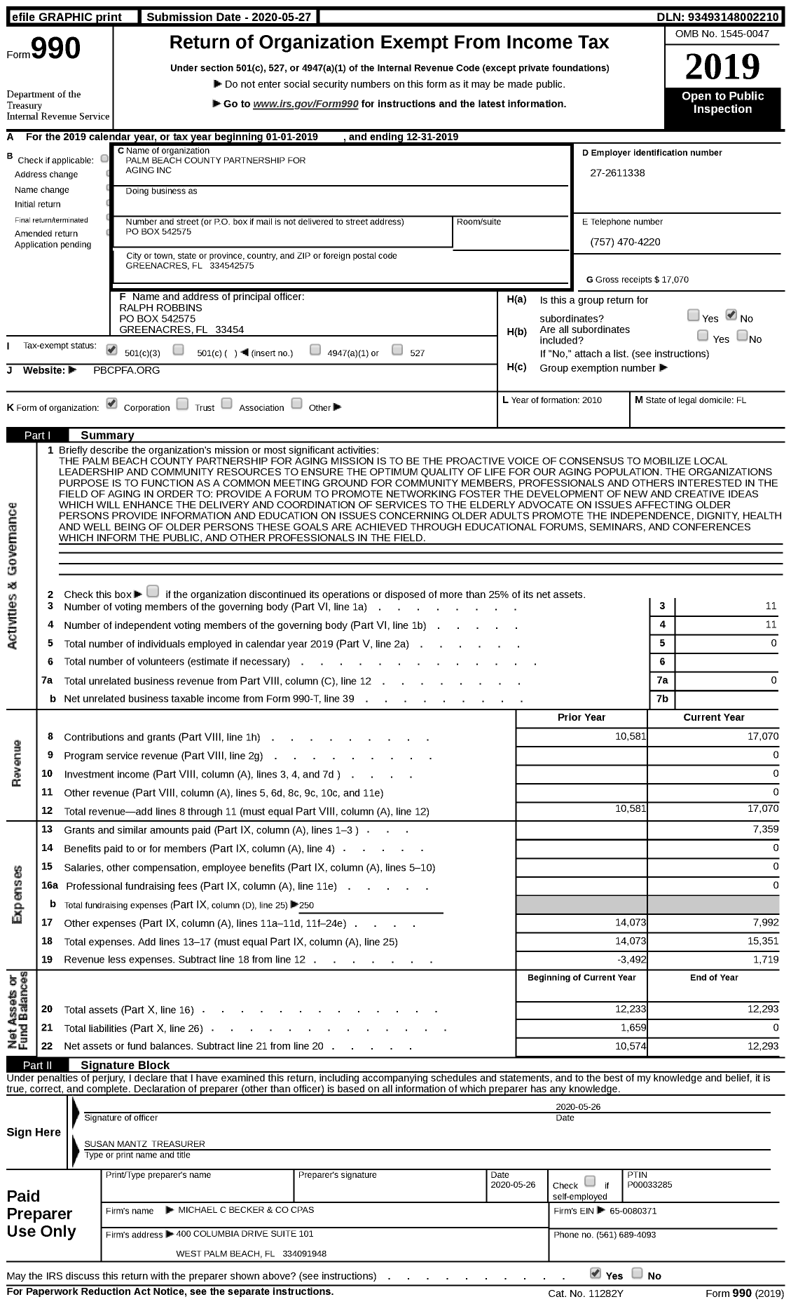 Image of first page of 2019 Form 990 for Palm Beach County Partnership for Aging