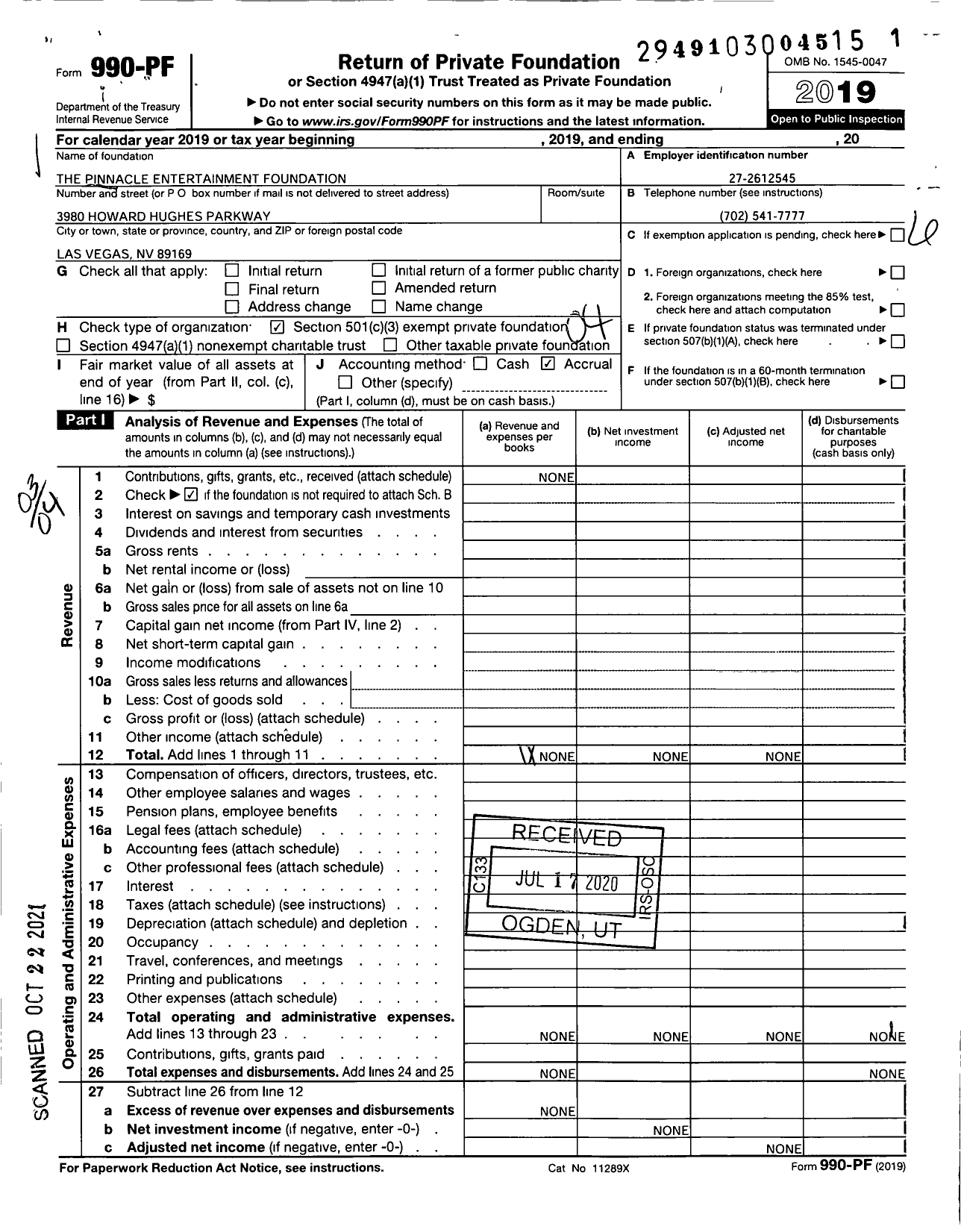 Image of first page of 2019 Form 990PF for The Pinnacle Entertainment Foundation