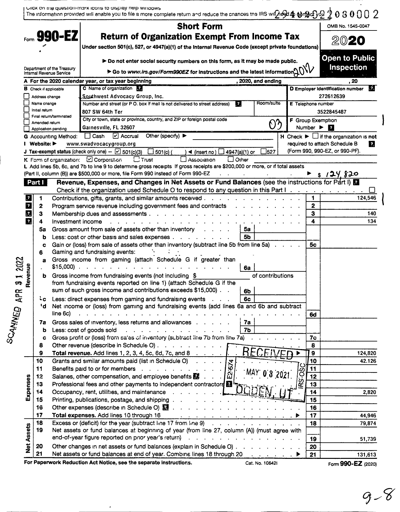 Image of first page of 2020 Form 990EZ for Southwest Advocacy Group (Swag)