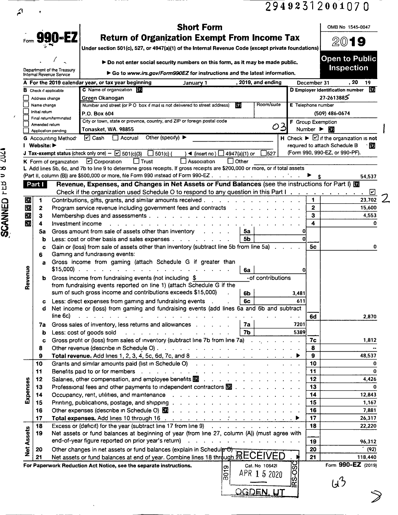 Image of first page of 2019 Form 990EZ for Green Okanogan