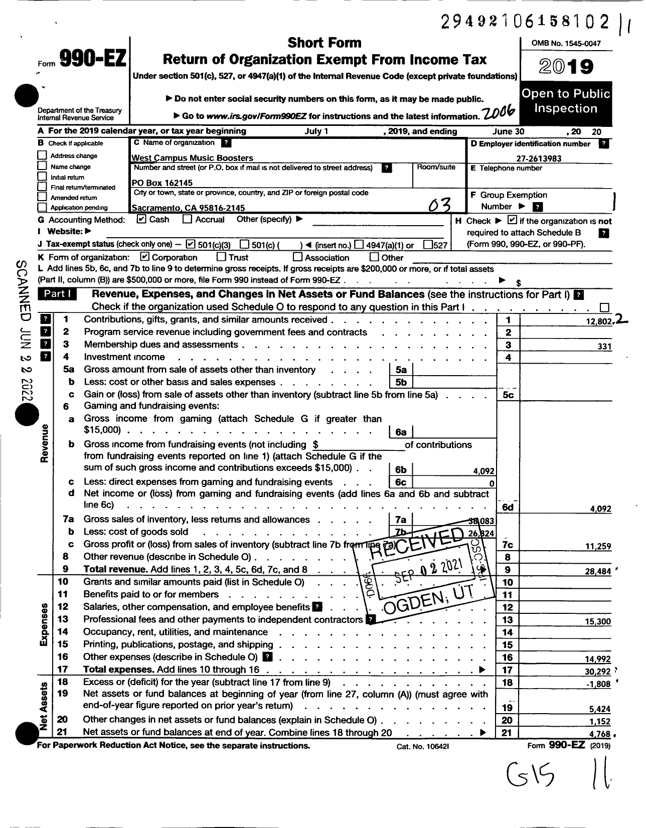 Image of first page of 2019 Form 990EZ for West Campus Music Boosters