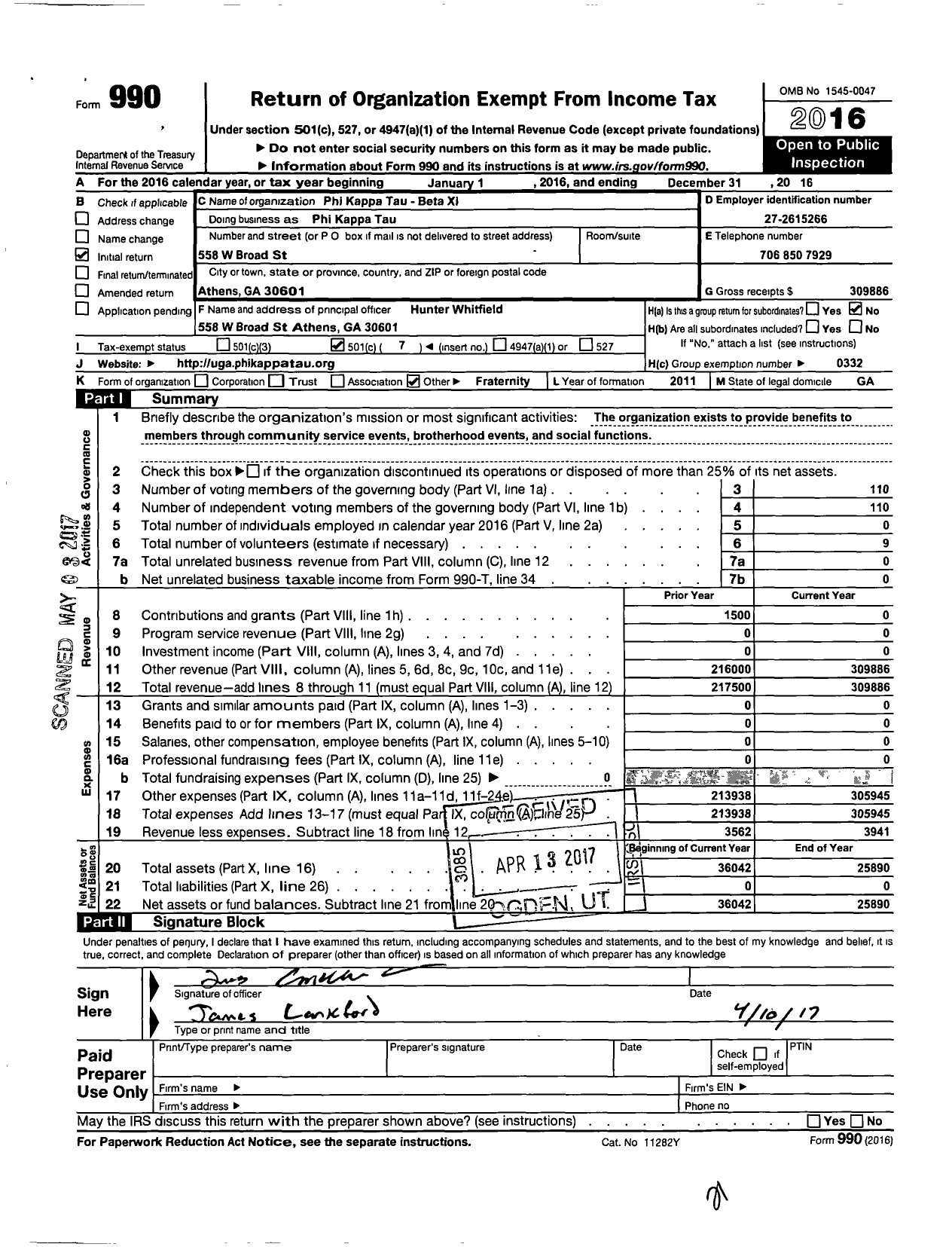 Image of first page of 2016 Form 990O for Phi Kappa Tau / Beta Xi Chapter