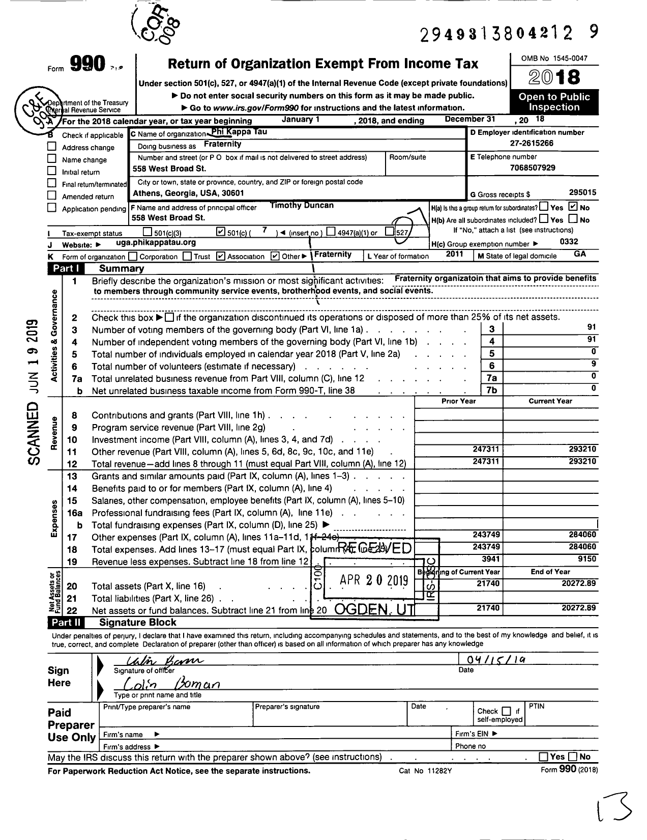 Image of first page of 2018 Form 990O for Phi Kappa Tau / Beta Xi Chapter