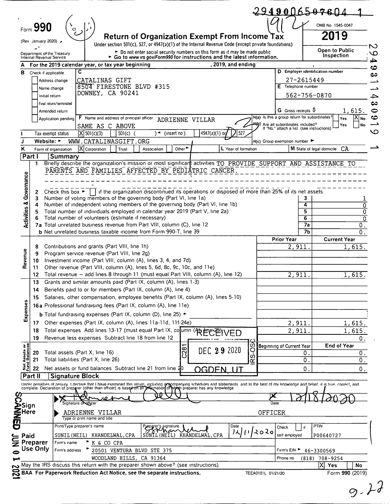 Image of first page of 2019 Form 990 for Catalinas Gift