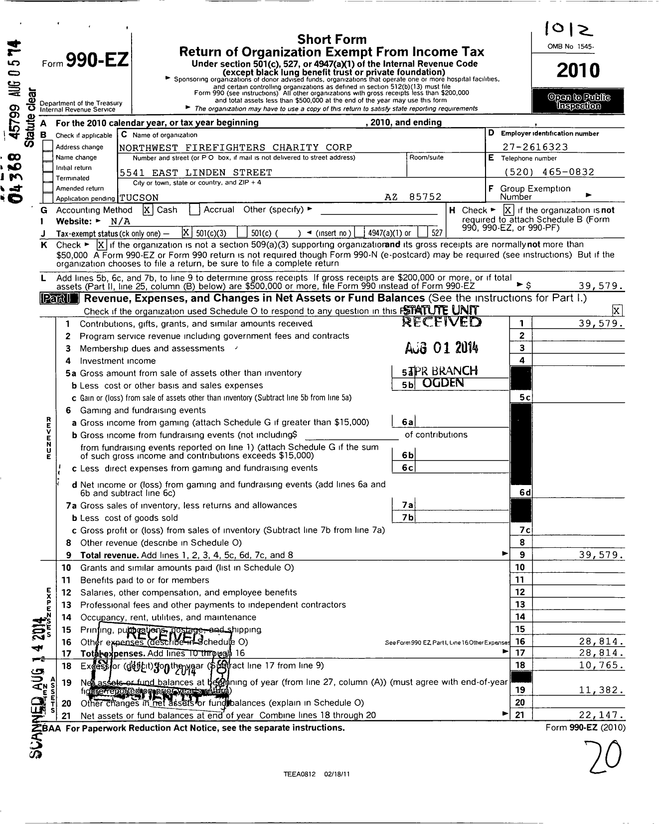 Image of first page of 2010 Form 990EZ for Northwest Firefighters Charities Corporation