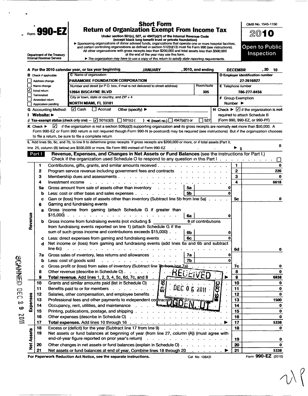 Image of first page of 2010 Form 990EZ for Paramore Foundations Corporation