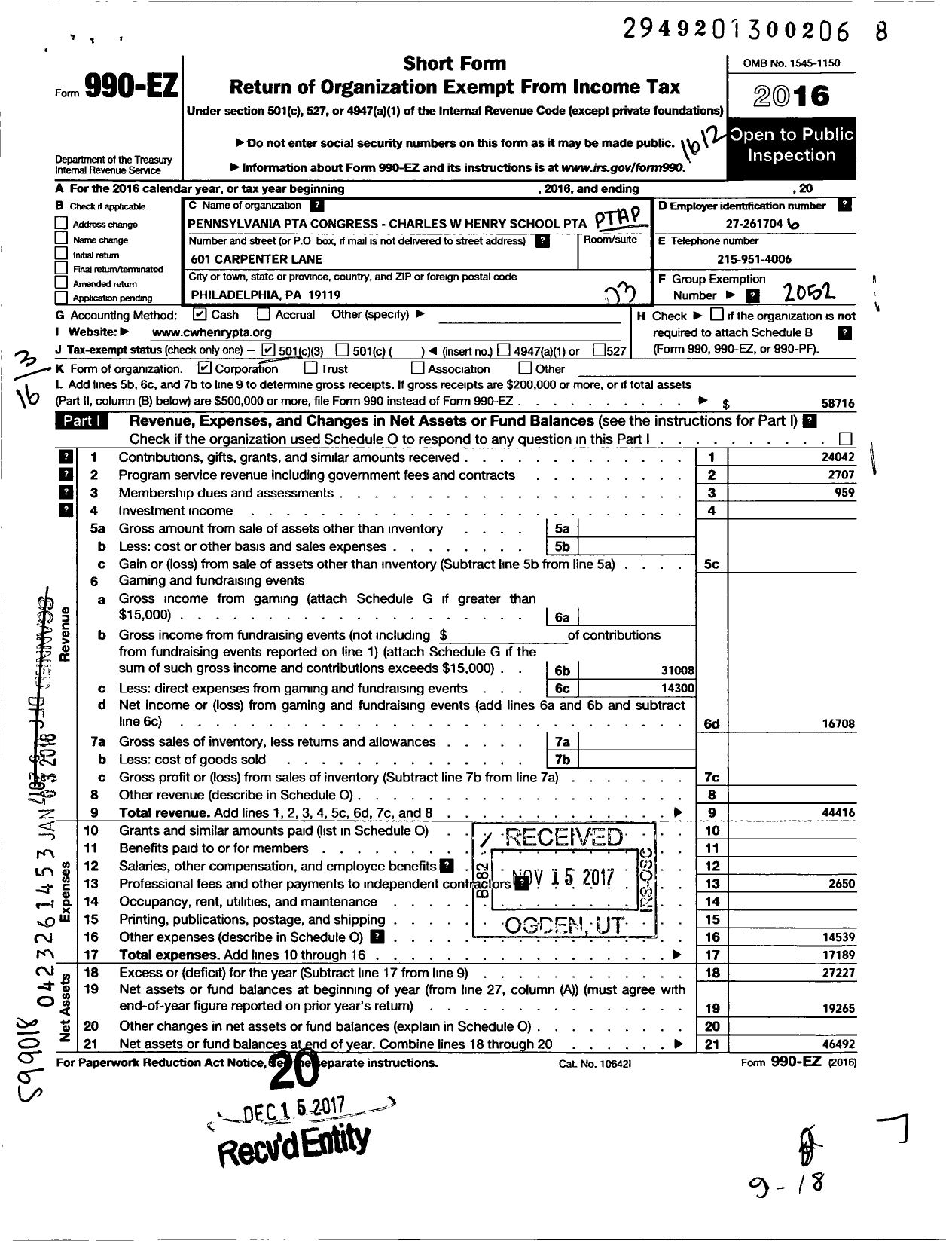 Image of first page of 2016 Form 990EZ for PTA Pennsylvania Congress / C W Henry School PTA