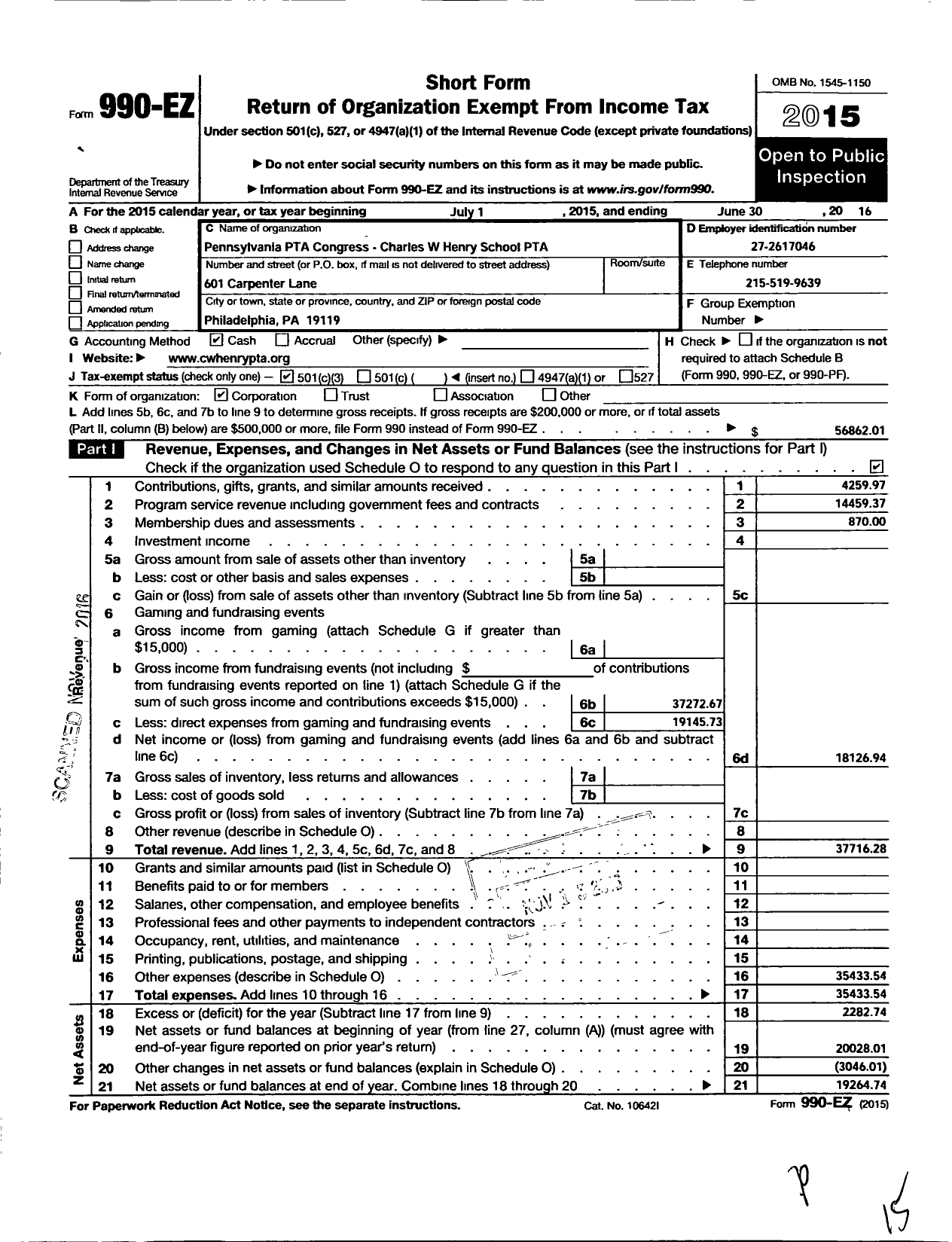Image of first page of 2015 Form 990EZ for PTA Pennsylvania Congress / C W Henry School PTA