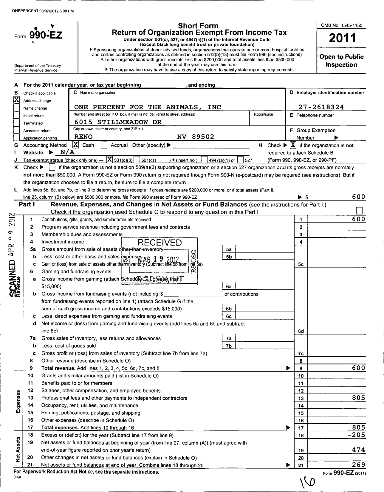 Image of first page of 2011 Form 990EZ for One Percent for the Animals