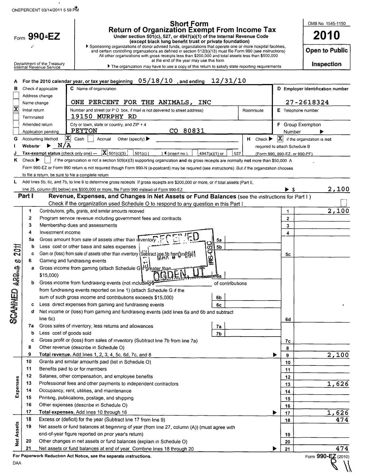 Image of first page of 2010 Form 990EZ for One Percent for the Animals