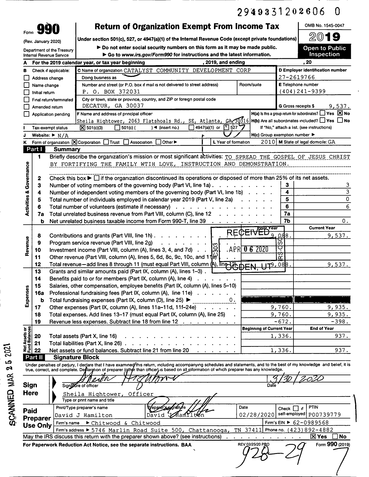 Image of first page of 2019 Form 990 for Catalyst Community Development Corporation