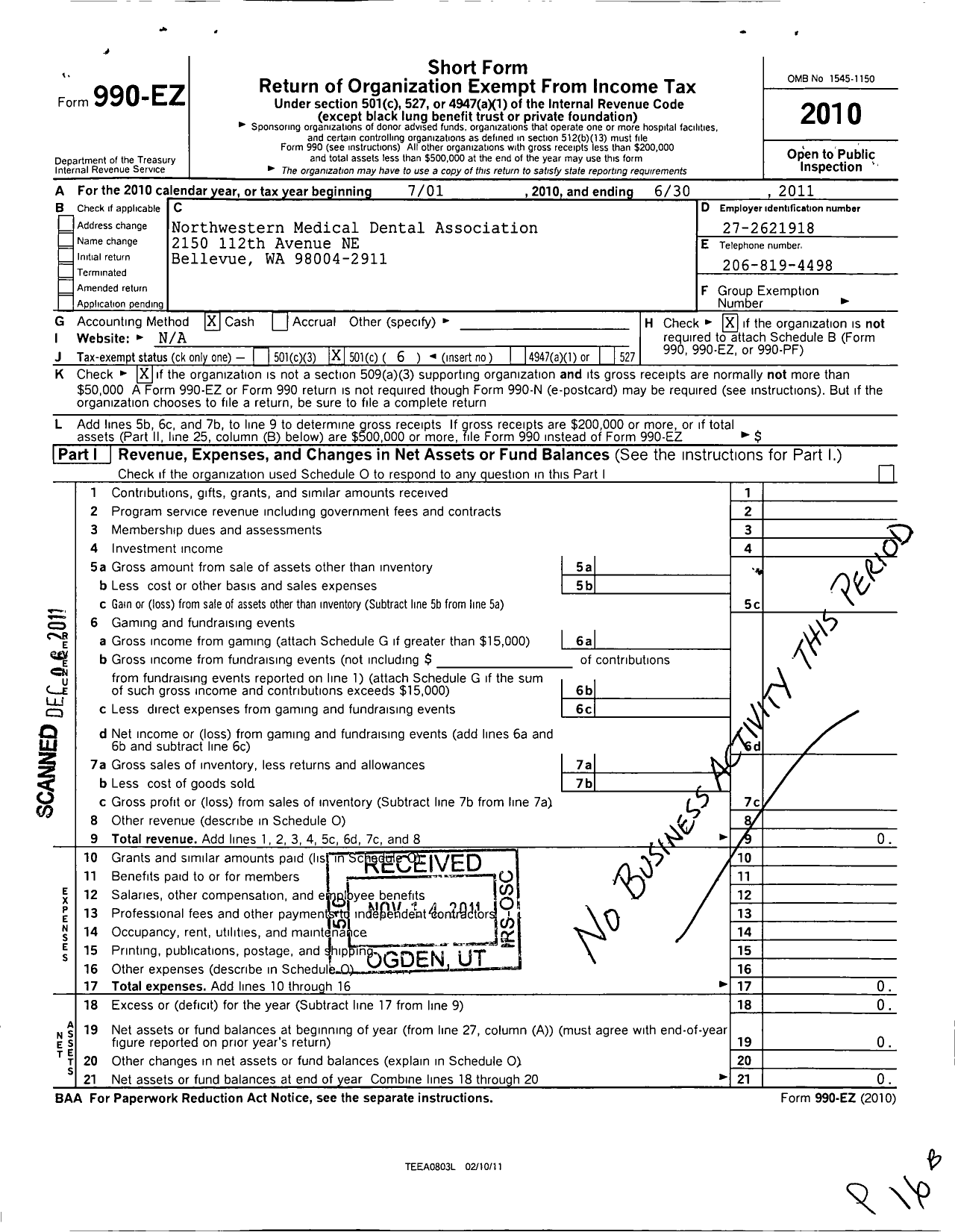 Image of first page of 2010 Form 990EO for Northwestern Medical Dental Association