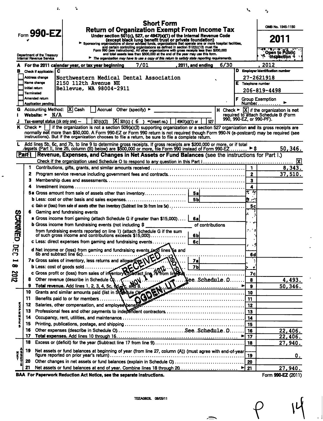 Image of first page of 2011 Form 990EO for Northwestern Medical Dental Association