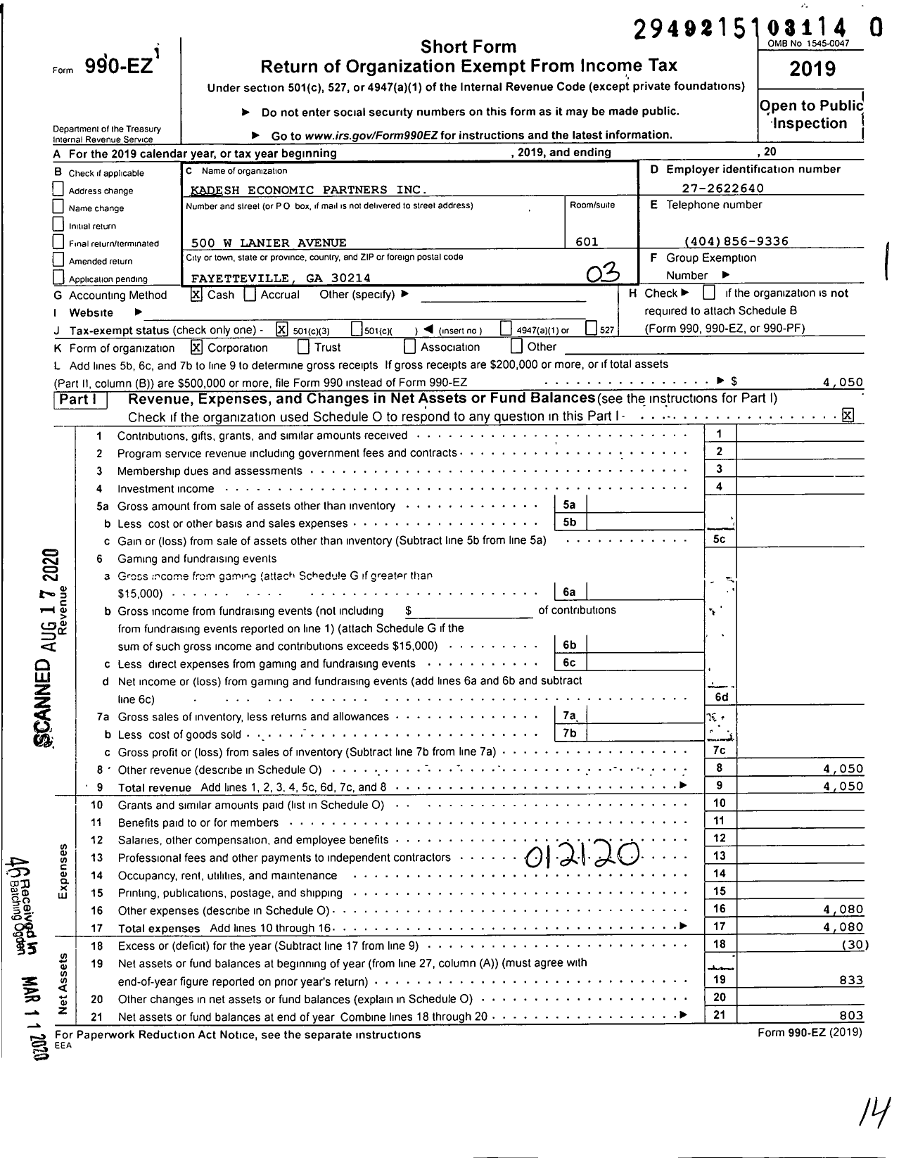 Image of first page of 2019 Form 990EZ for Kadesh Economic Partners