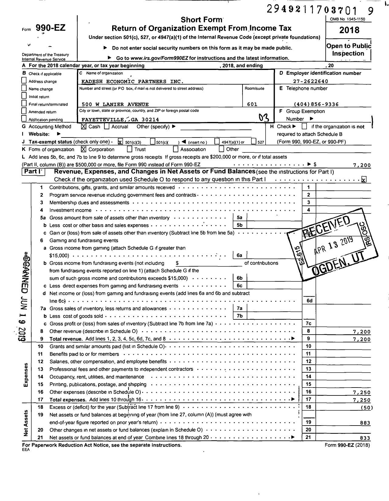 Image of first page of 2018 Form 990EZ for Kadesh Economic Partners