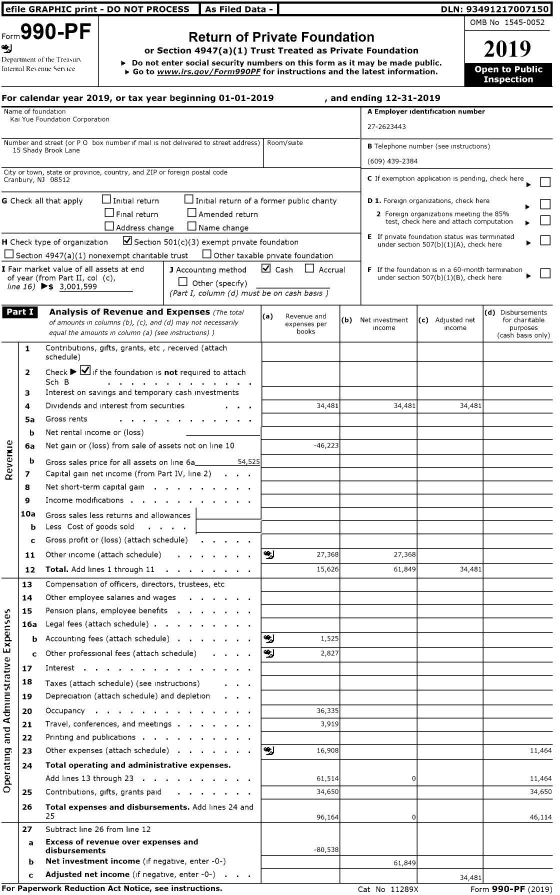 Image of first page of 2019 Form 990PR for Kai Yue Foundation Corporation