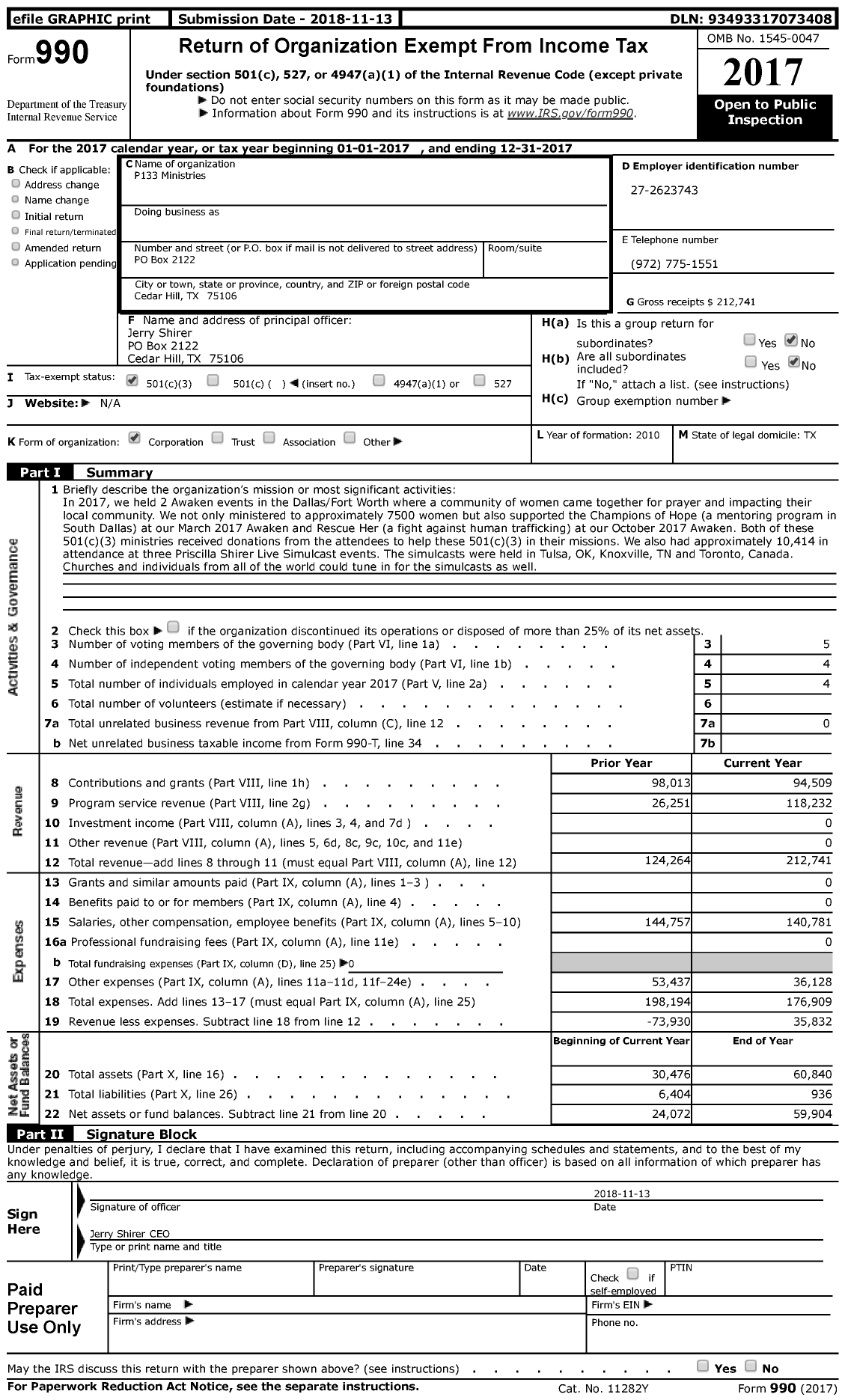 Image of first page of 2017 Form 990 for P133 Ministries