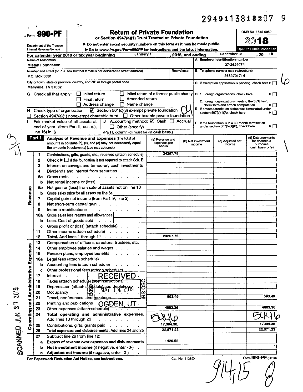 Image of first page of 2018 Form 990PF for Mistah Foundation