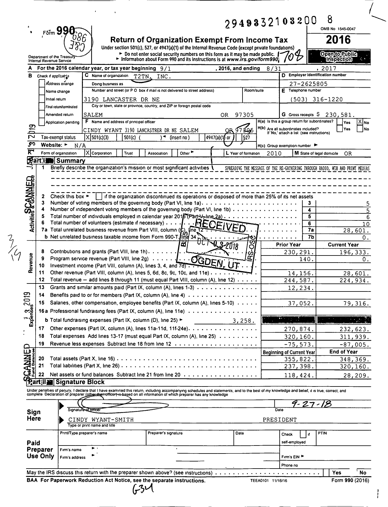 Image of first page of 2016 Form 990 for T2TN (Hebrew Nation Radio)