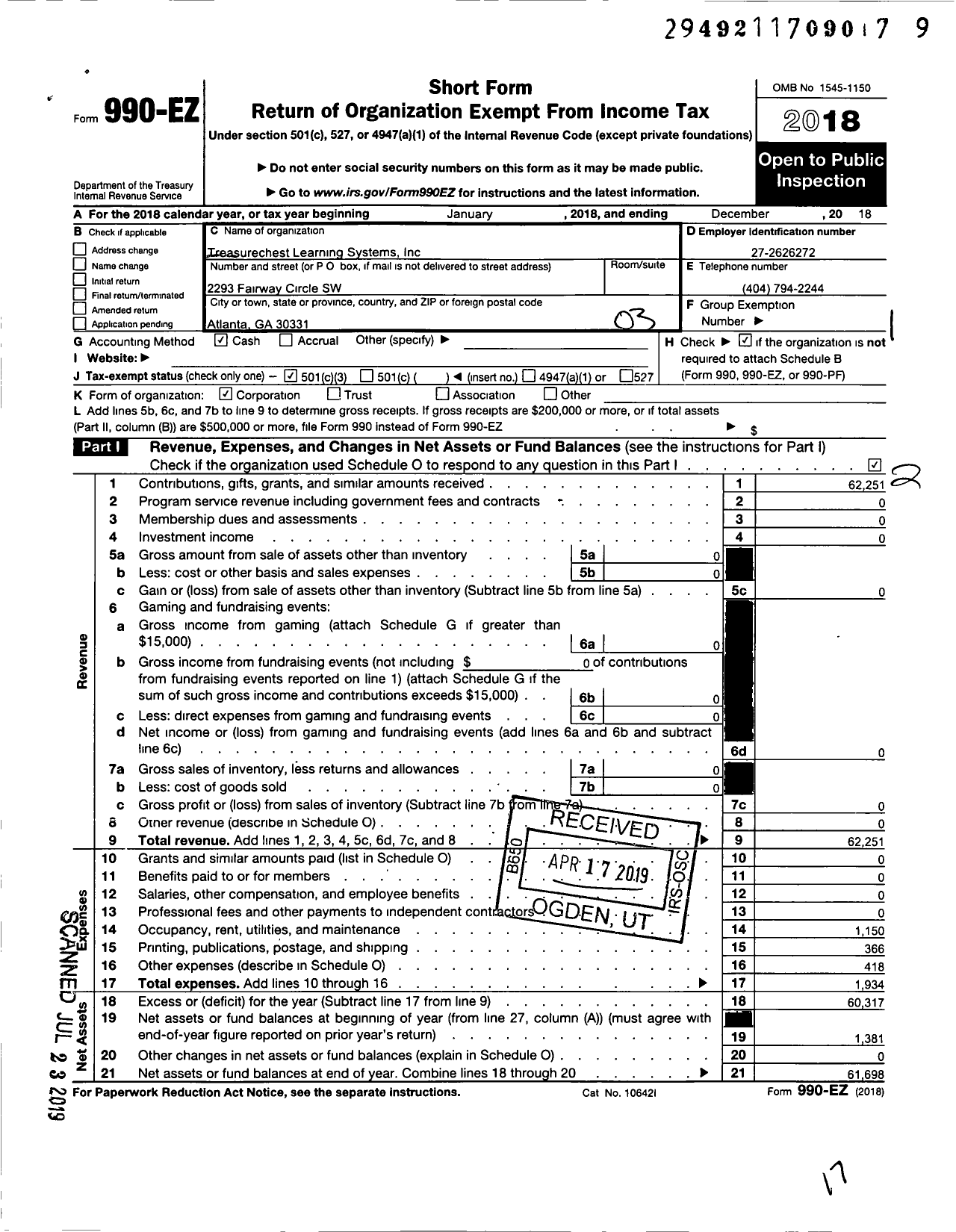 Image of first page of 2018 Form 990EZ for Treasurechest Learning Systems