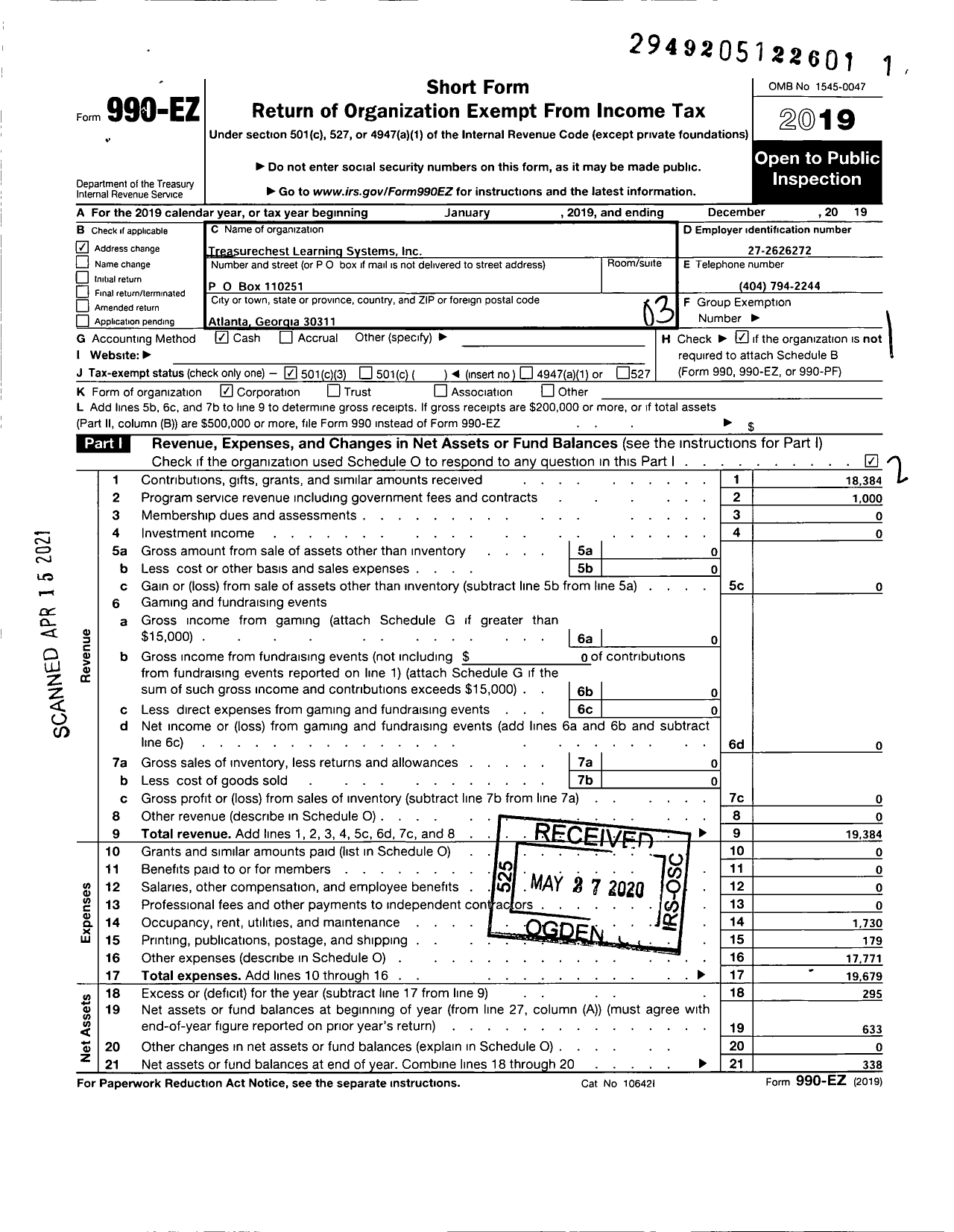 Image of first page of 2019 Form 990EZ for Treasurechest Learning Systems