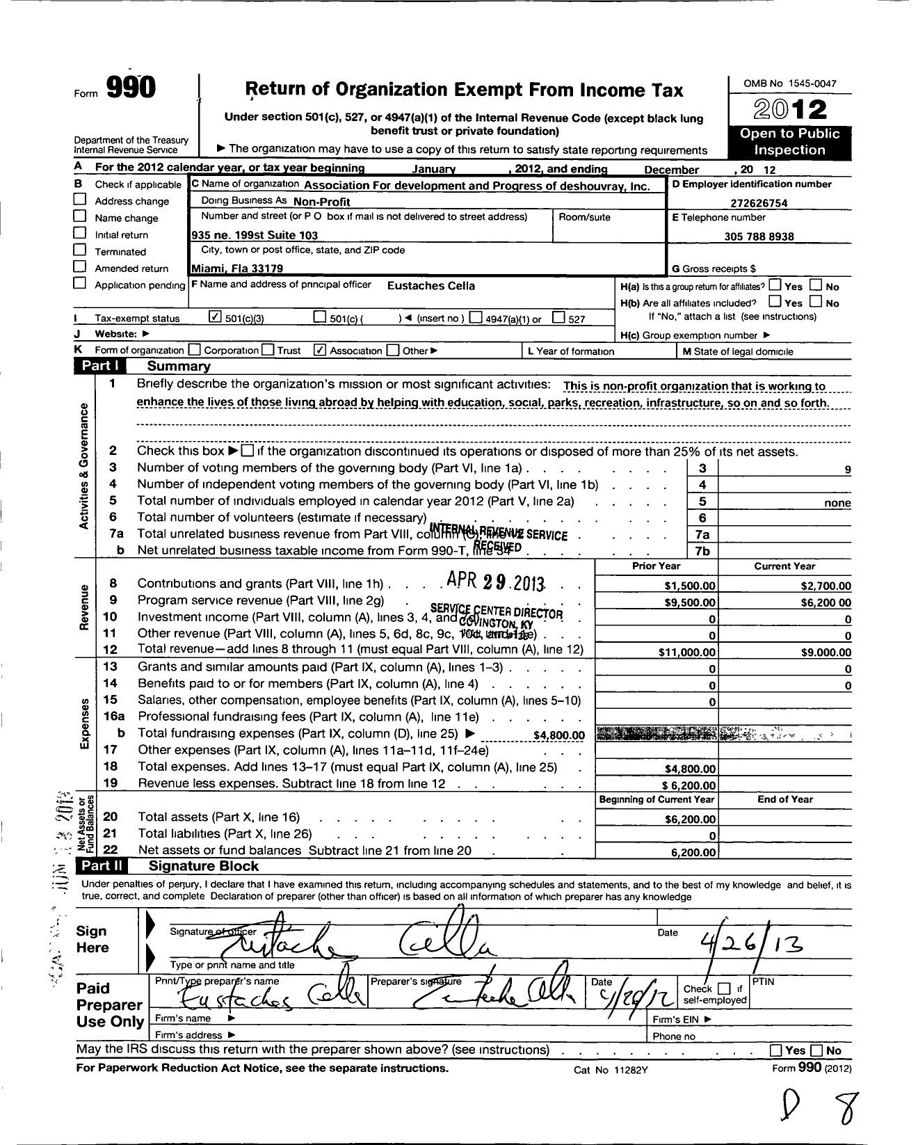 Image of first page of 2012 Form 990 for Association for Development and Progress of Deshouvray