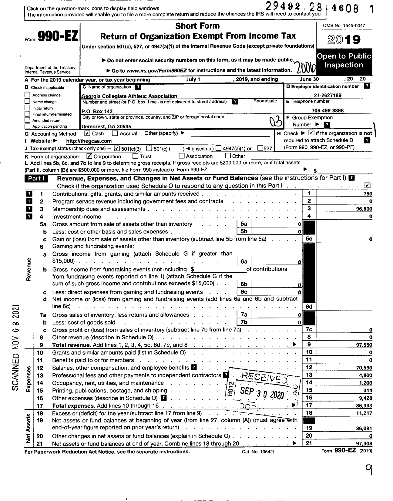 Image of first page of 2019 Form 990EZ for Georgia Collegiate Athletic Association