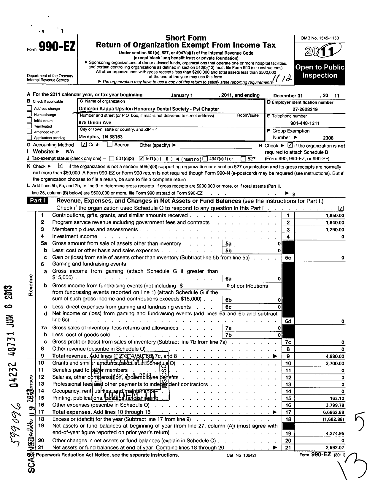 Image of first page of 2011 Form 990EO for Omicron Kappa Upsilon Honorary Dental Society / Psi