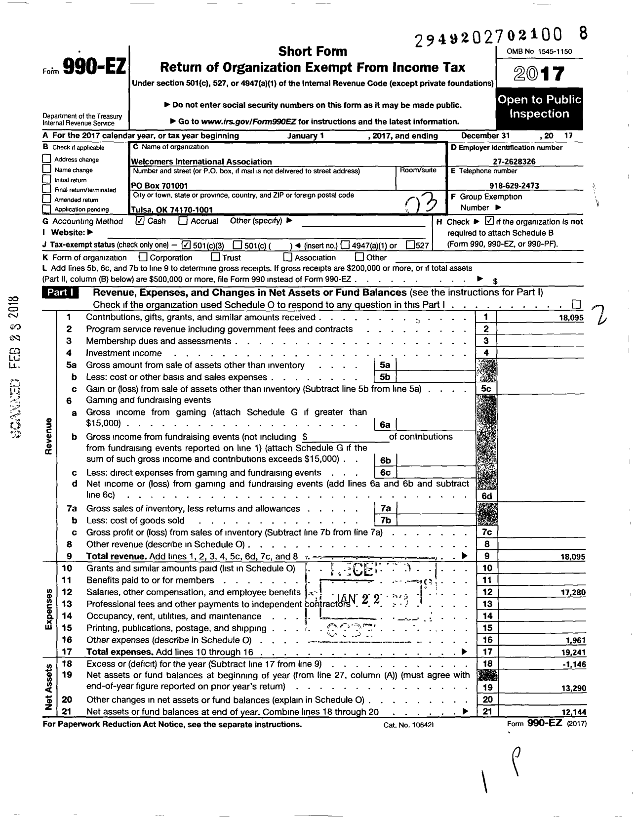 Image of first page of 2017 Form 990EZ for Welcomers International Association