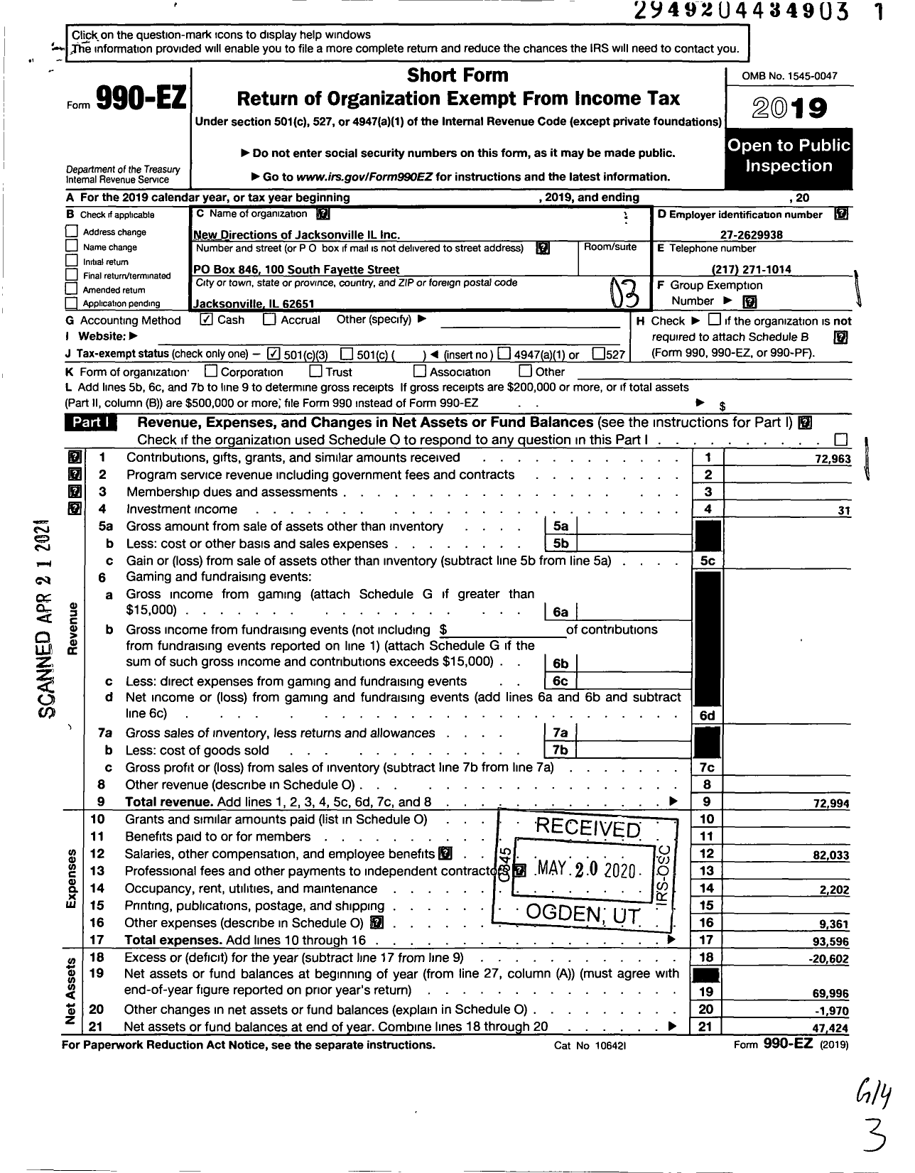 Image of first page of 2019 Form 990EZ for New Directions of Jacksonville Il