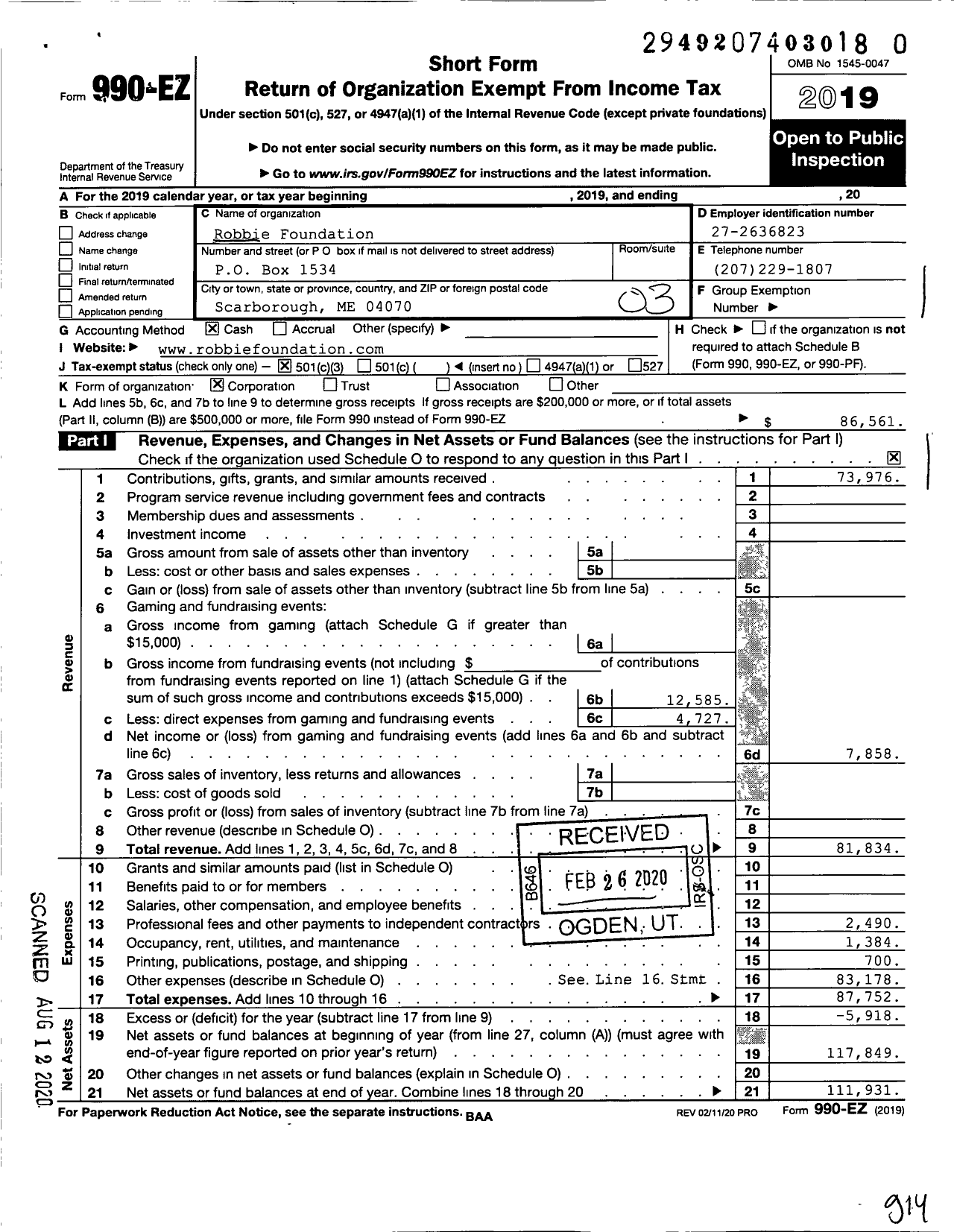 Image of first page of 2019 Form 990EZ for Robbie Foundation