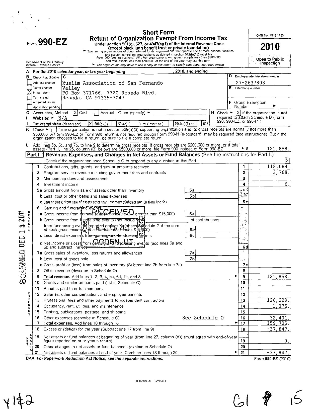 Image of first page of 2010 Form 990EZ for Muslim Association of San Fernando Valley