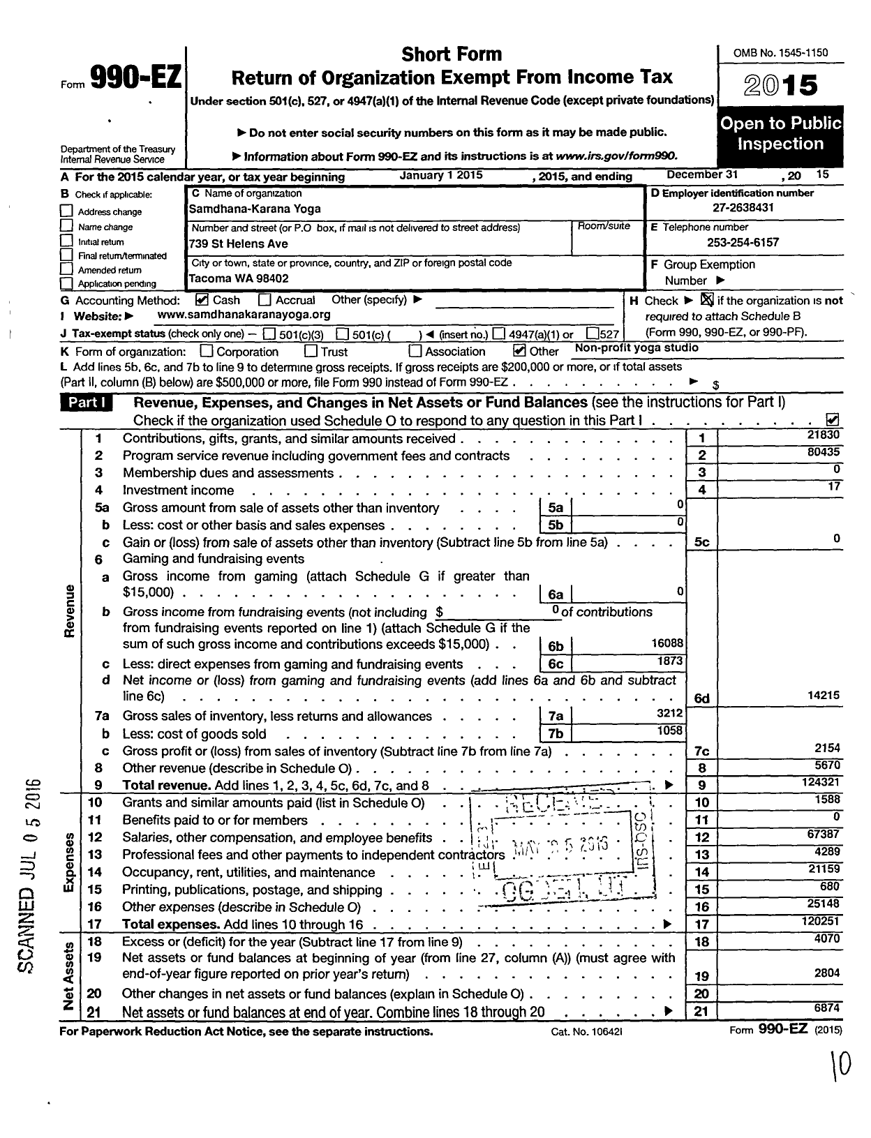 Image of first page of 2015 Form 990EO for Samdhana Karana Yoga