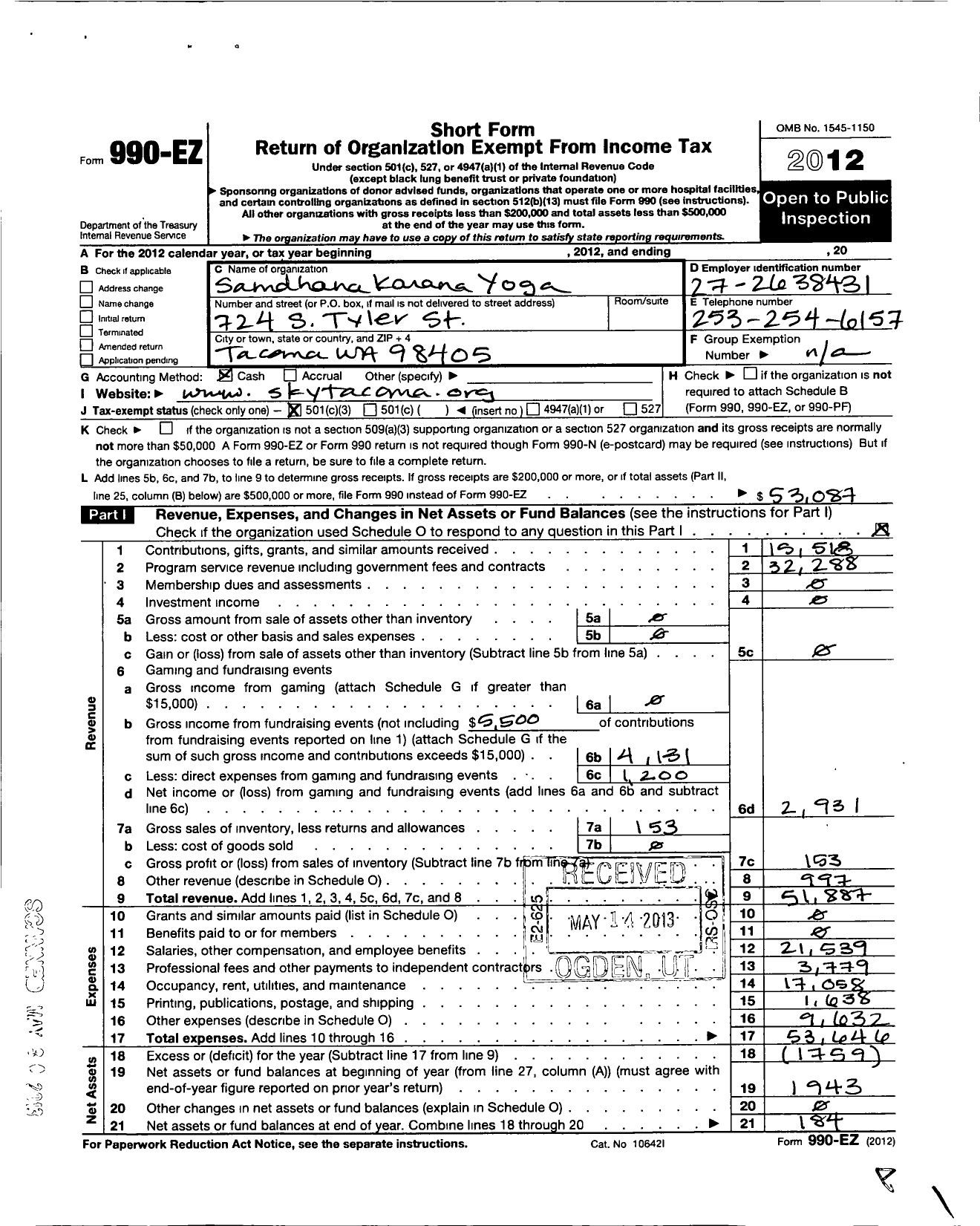 Image of first page of 2012 Form 990EZ for Samdhana Karana Yoga