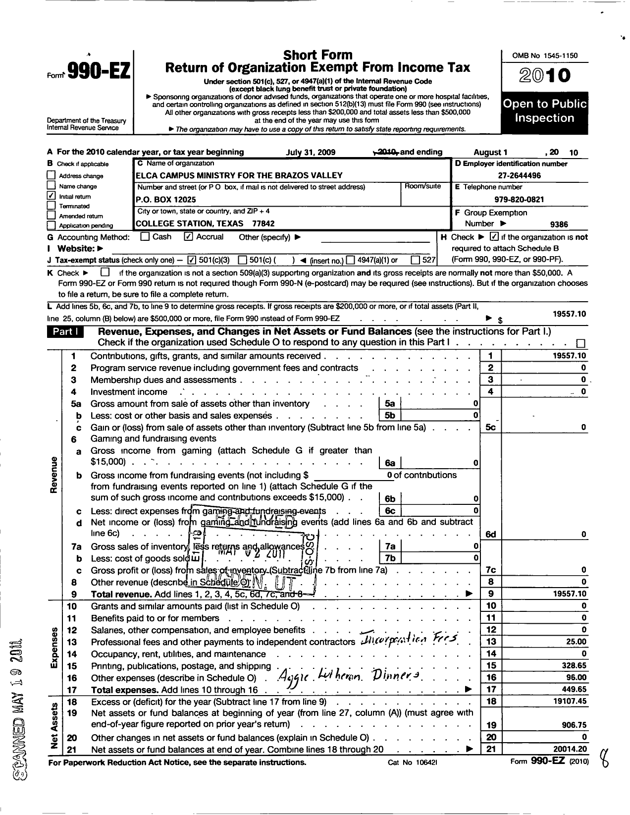 Image of first page of 2009 Form 990EZ for Elca Campus Ministry for the Brazos Valley