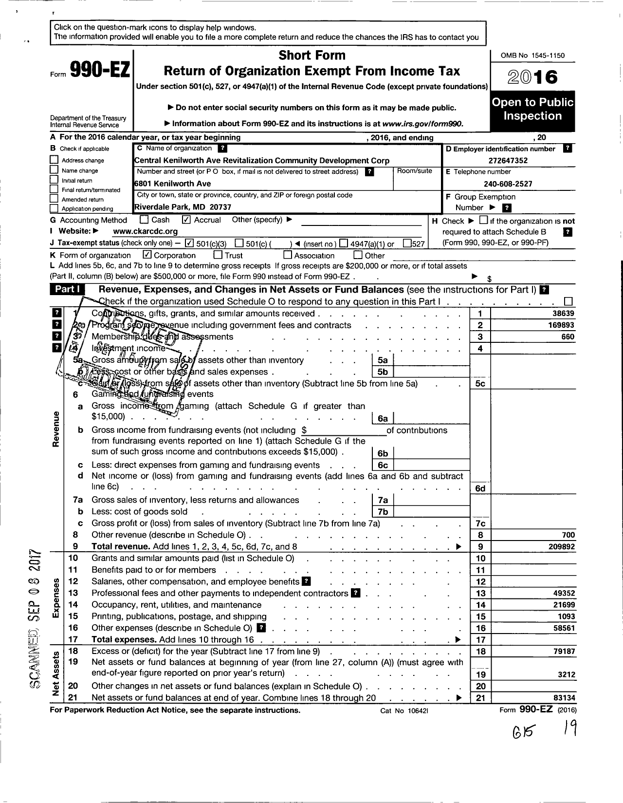 Image of first page of 2016 Form 990EZ for Central Kenilworth Avenue Revitalization Community