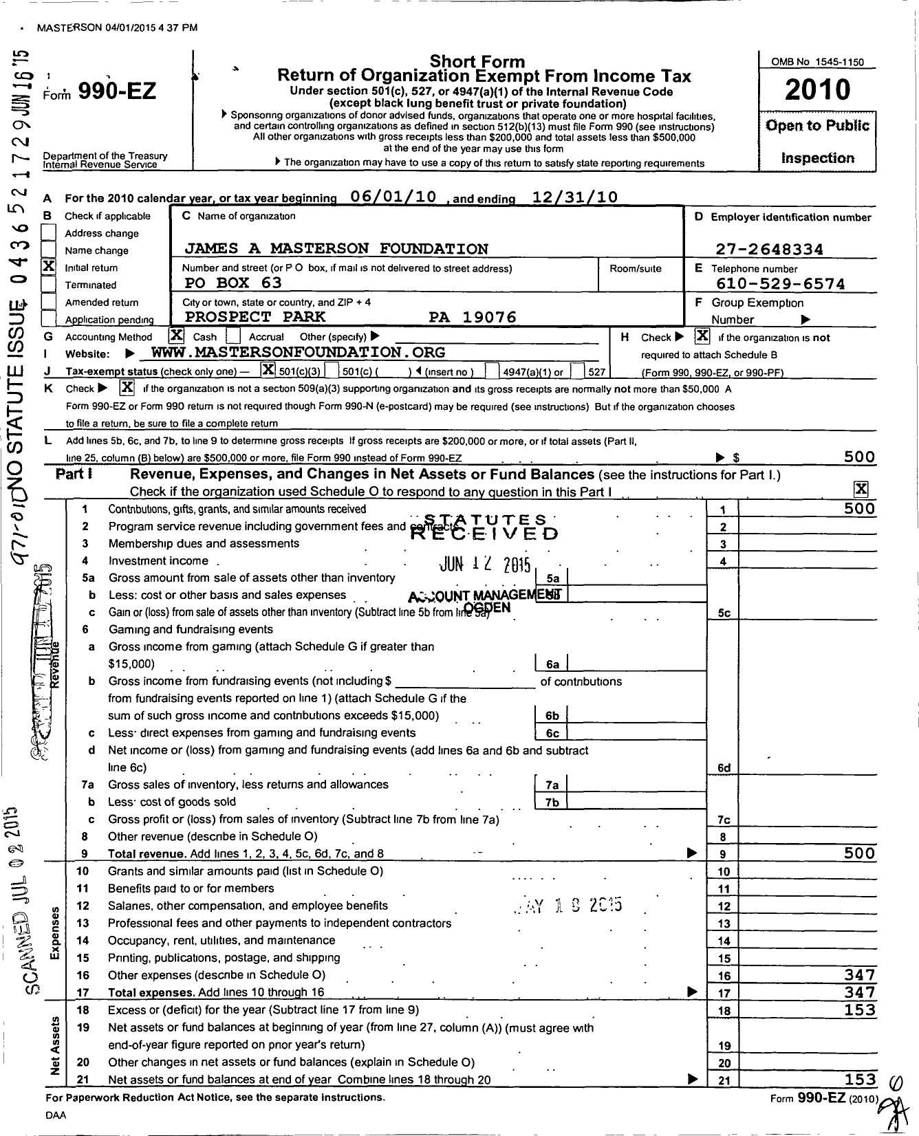 Image of first page of 2010 Form 990EZ for James A Masterson Foundation