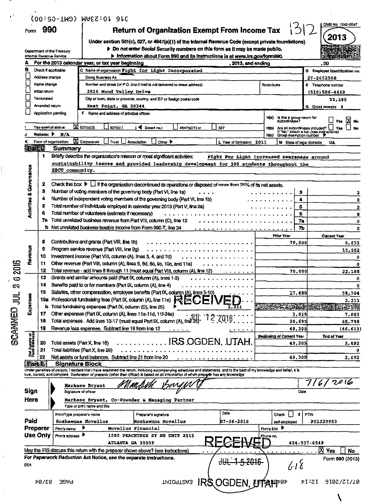 Image of first page of 2013 Form 990 for Fight for Light Incorporated