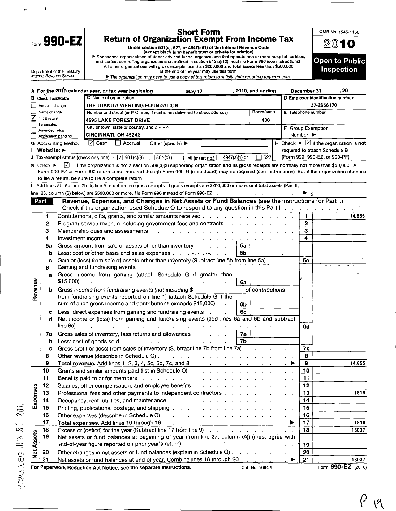 Image of first page of 2010 Form 990EZ for Juanita Werling Foundation