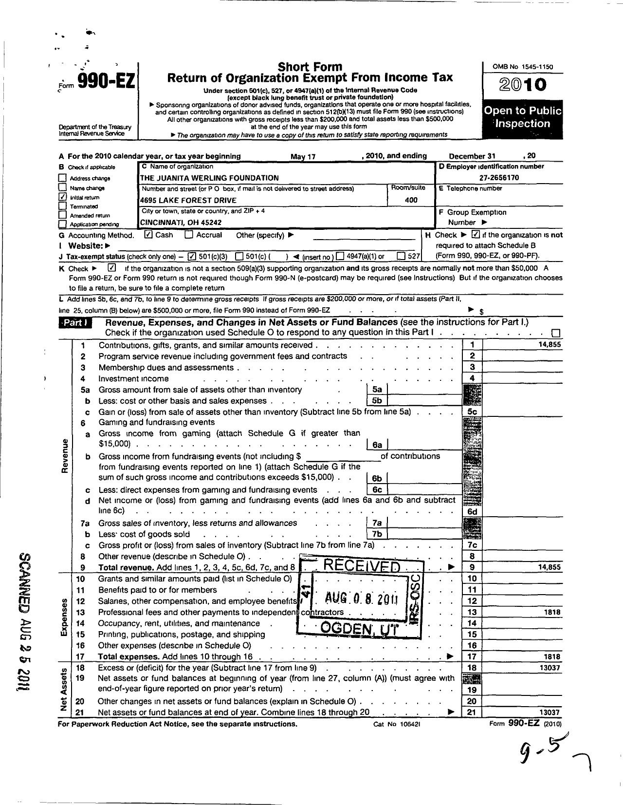 Image of first page of 2010 Form 990EZ for Juanita Werling Foundation