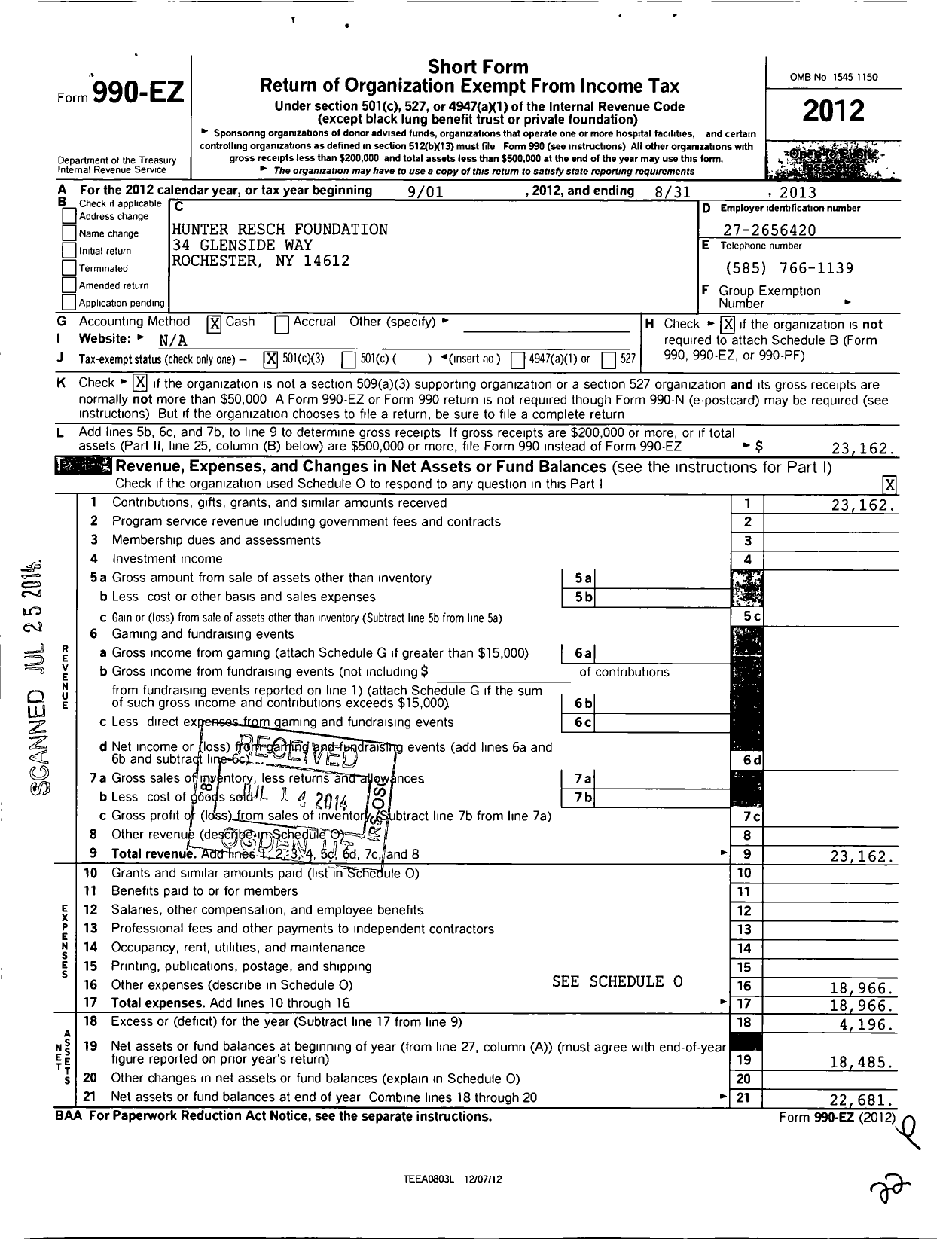 Image of first page of 2012 Form 990EZ for Hunter Resch Foundation