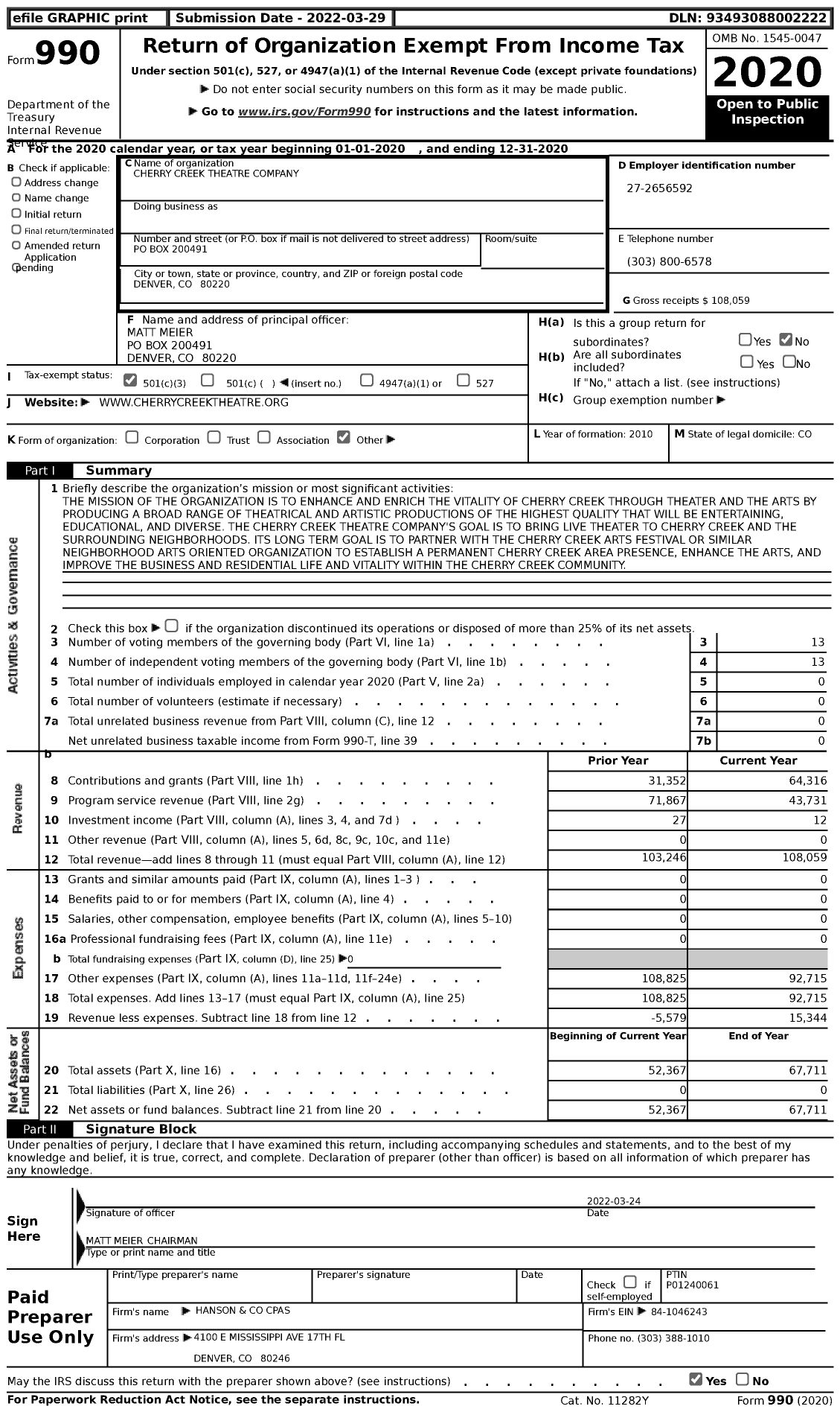 Image of first page of 2020 Form 990 for Cherry Creek Theatre Company