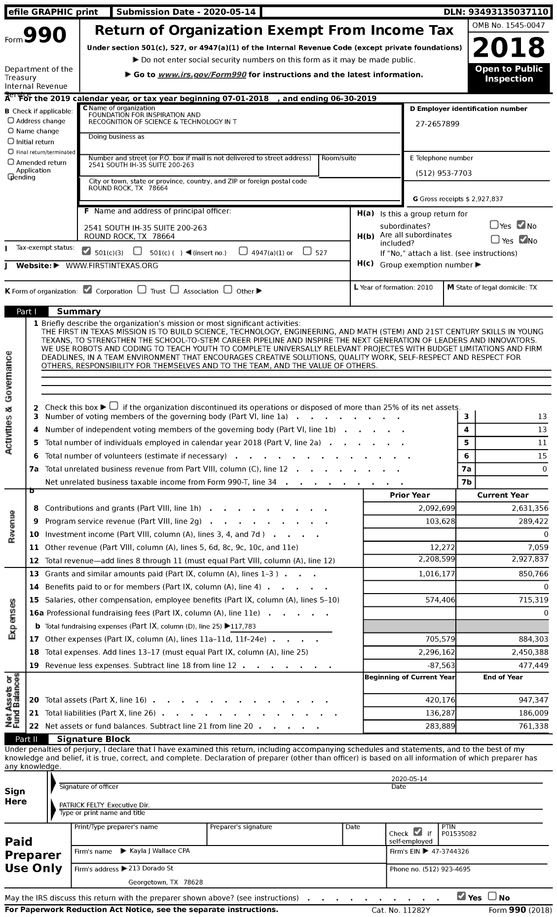 Image of first page of 2018 Form 990 for Foundation for Recognition of Science and Technology in Texas