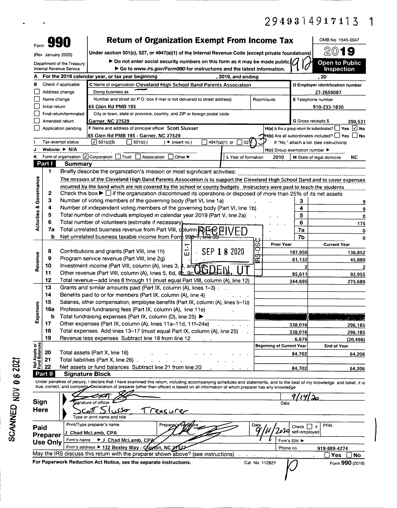 Image of first page of 2019 Form 990 for Cleveland High School Band Parents Association (CHS BPA)