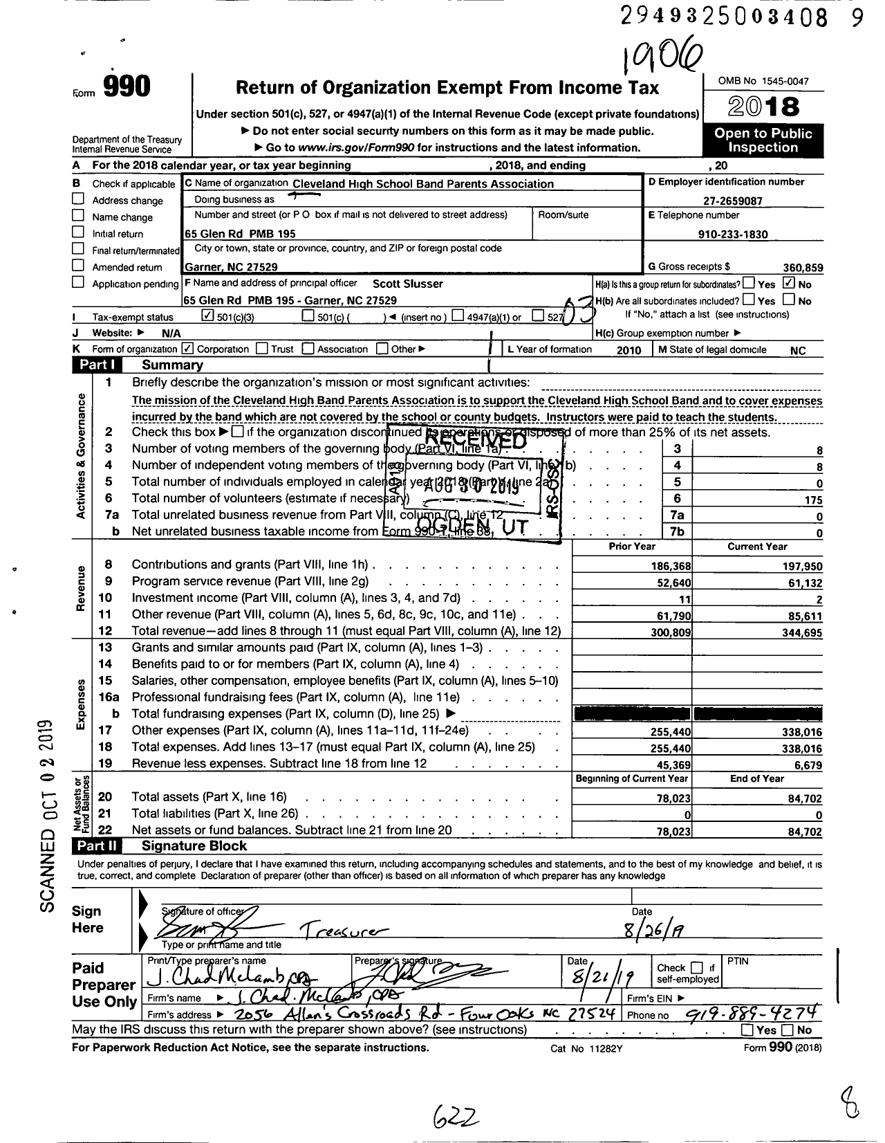 Image of first page of 2018 Form 990 for Cleveland High School Band Parents Association (CHS BPA)