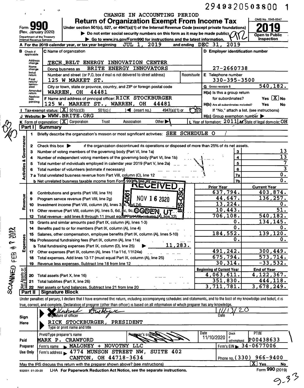 Image of first page of 2019 Form 990 for Brite Energy Innovators