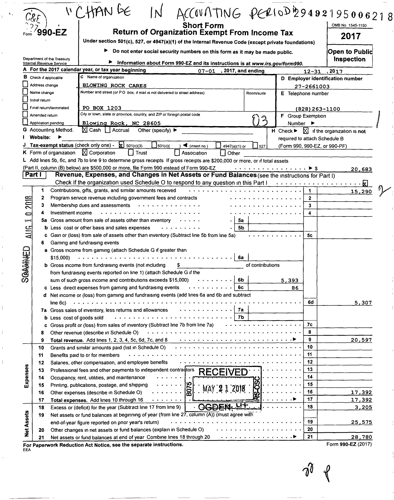 Image of first page of 2017 Form 990EZ for Blowing Rock Cares