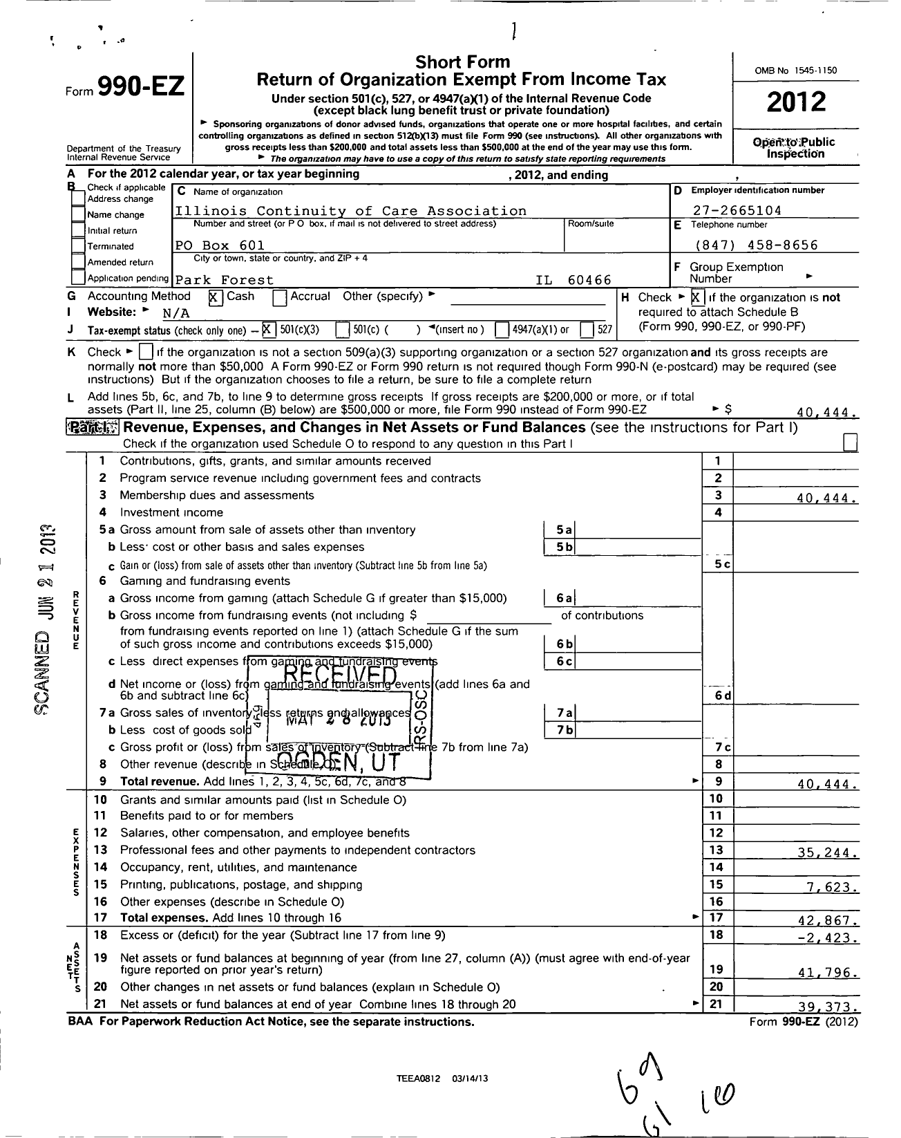 Image of first page of 2012 Form 990EZ for Illinois Continuity of Care Association