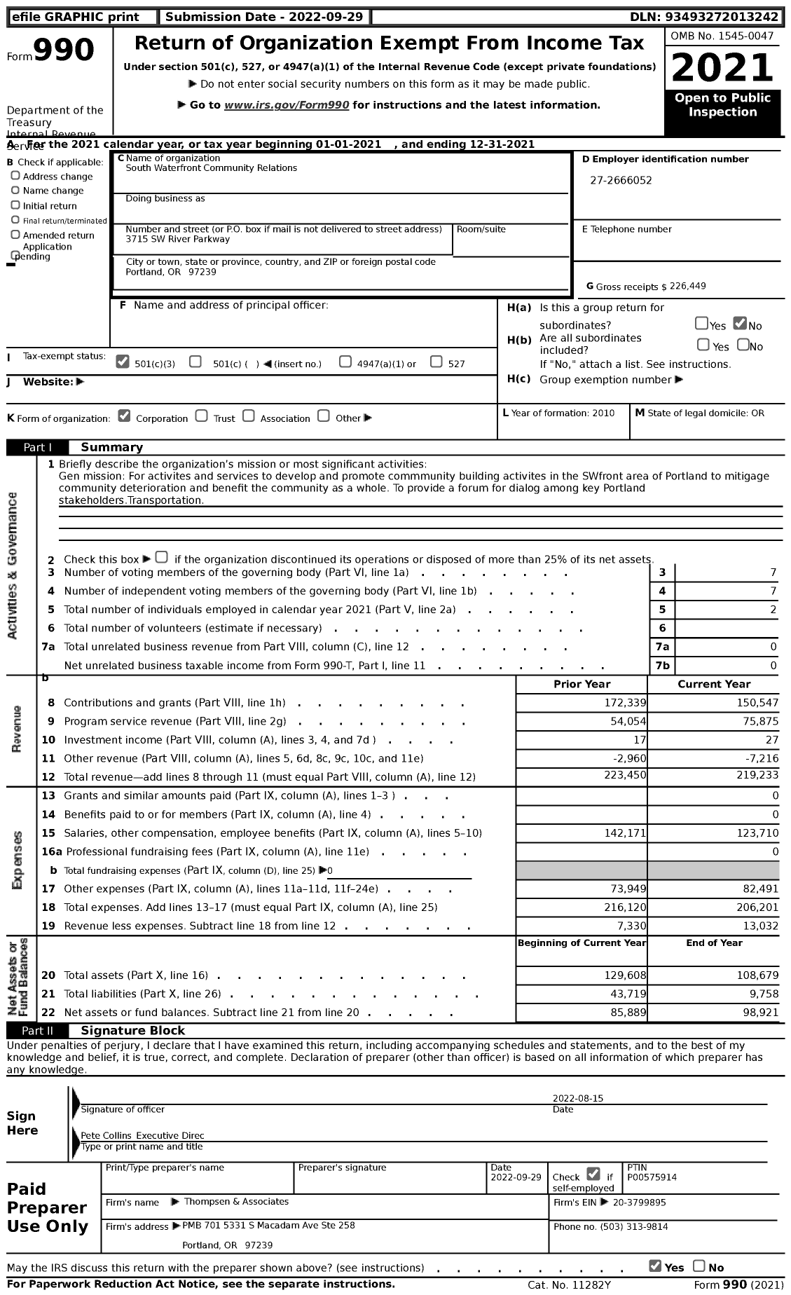 Image of first page of 2021 Form 990 for South Waterfront Community Relations