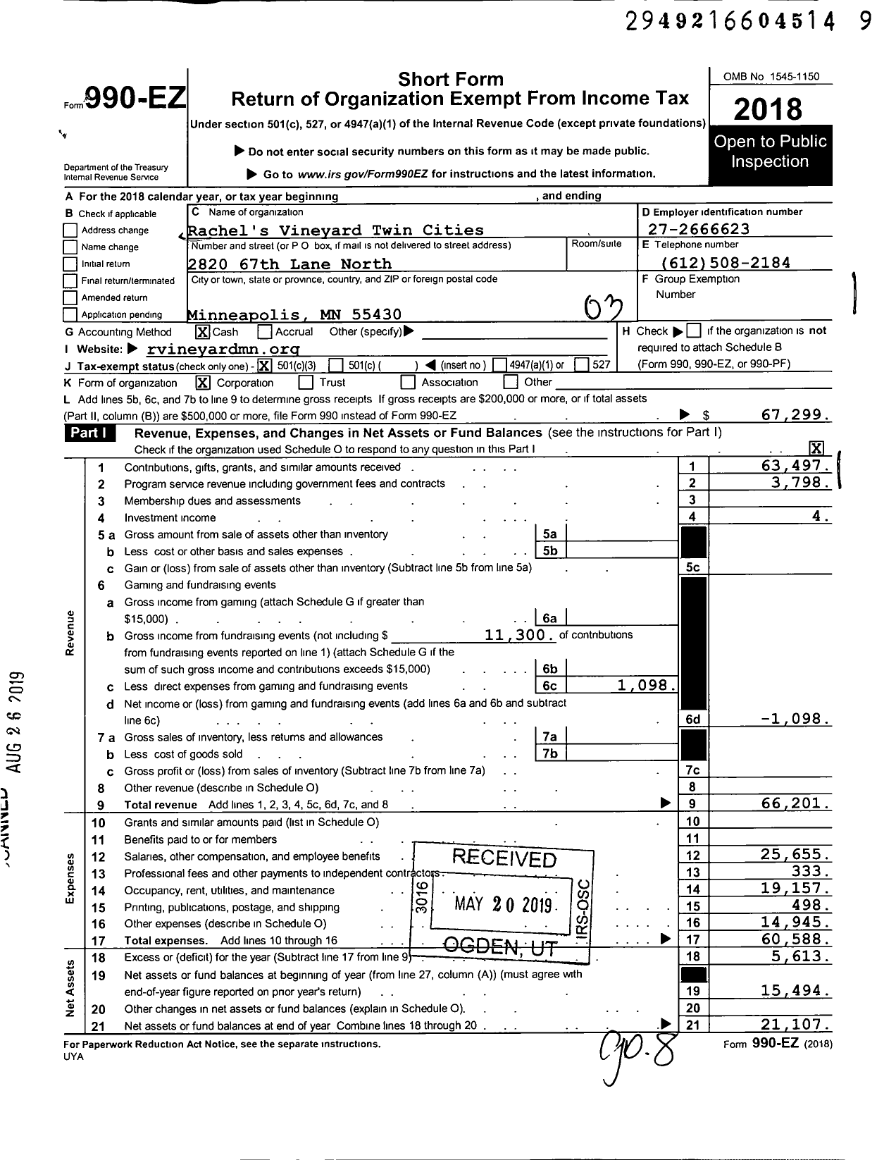 Image of first page of 2018 Form 990EZ for Rachels Vineyard Twin Cities